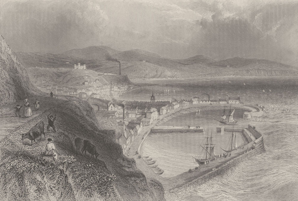 Stonehaven, with the town and harbour. Scotland. BARTLETT 1842 old print